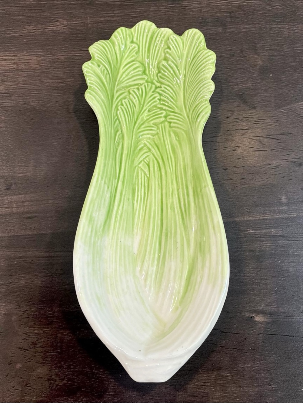 Vintage 1960s Ceramic Celery Shaped Green Serving Dish Spoon Rest Small Chips